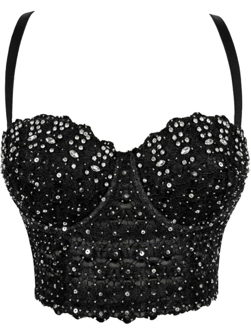 Women's Black 1 Lace Mesh Rhinestone Diamond Bra Push Up Bustier Corset Crop Top